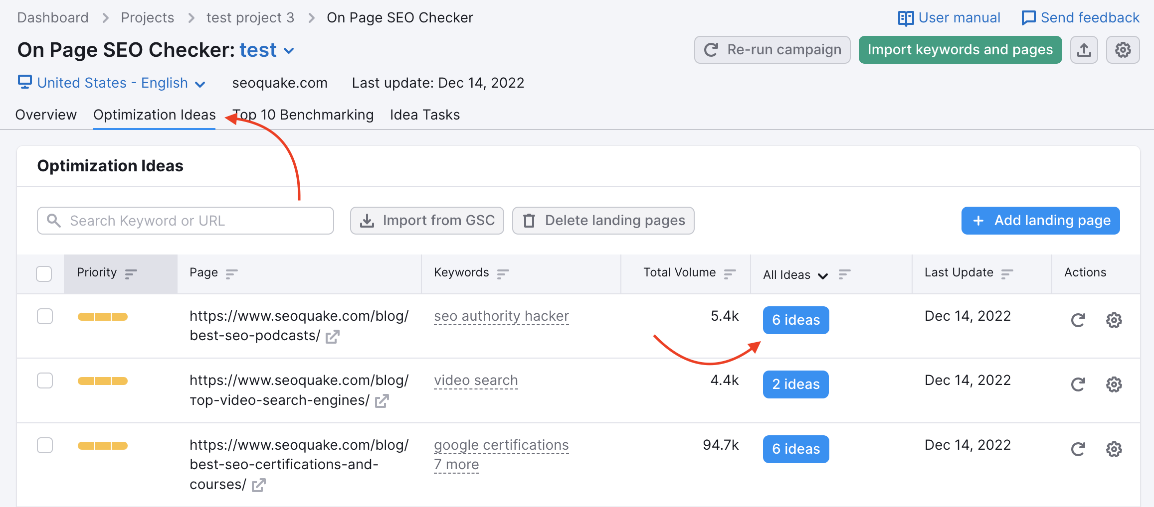 אופטימיזציה של On Page SEO Checker רעיונות. חץ אדום מצביע על לשונית רעיונות לאופטימיזציה וחץ נוסף מצביע על כפתור הרעיונות.