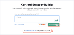 עמוד הנחיתה של Keyword Strategy Builder עם מלבנים אדומים המבליטים את כפתור יצירת רשימה.