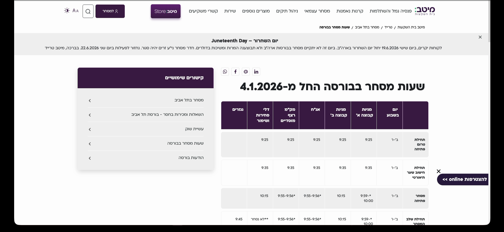 שעות-מסחר ושלבי-מסחר במיטב-טרייד — מתי השוק פתוח ומה זה "רצף" 3 טבלת שעות-המסחר של בורסת ת
