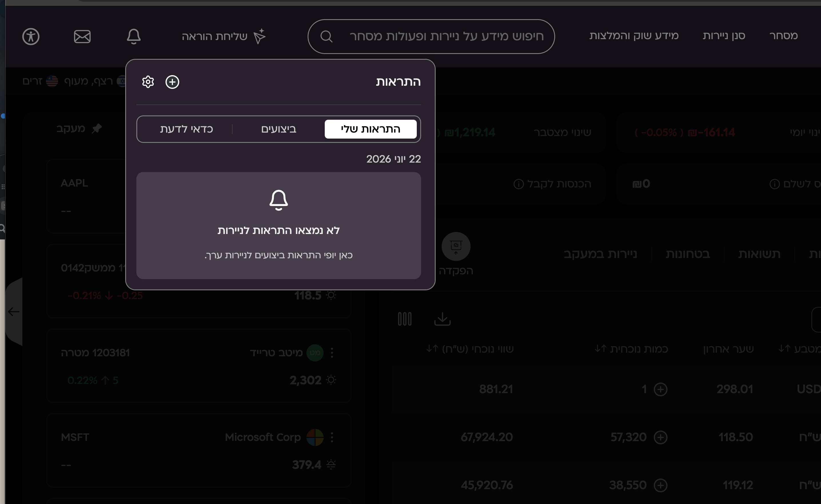 התראות במיטב-טרייד — שתגיד לך הפלטפורמה מתי לבדוק, במקום שתשב ותרענן 1 פאנל-ההתראות פתוח — שלוש הלשוניות + כפתור הפלוס (שמות-ניירות וערכים אישיים מטושטשים)