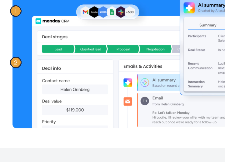 השוואת מערכות CRM לעסק קטן בישראל: monday מול HubSpot מול Zoho 3 monday CRM — לוח שלבי עסקה ופרטי לקוח