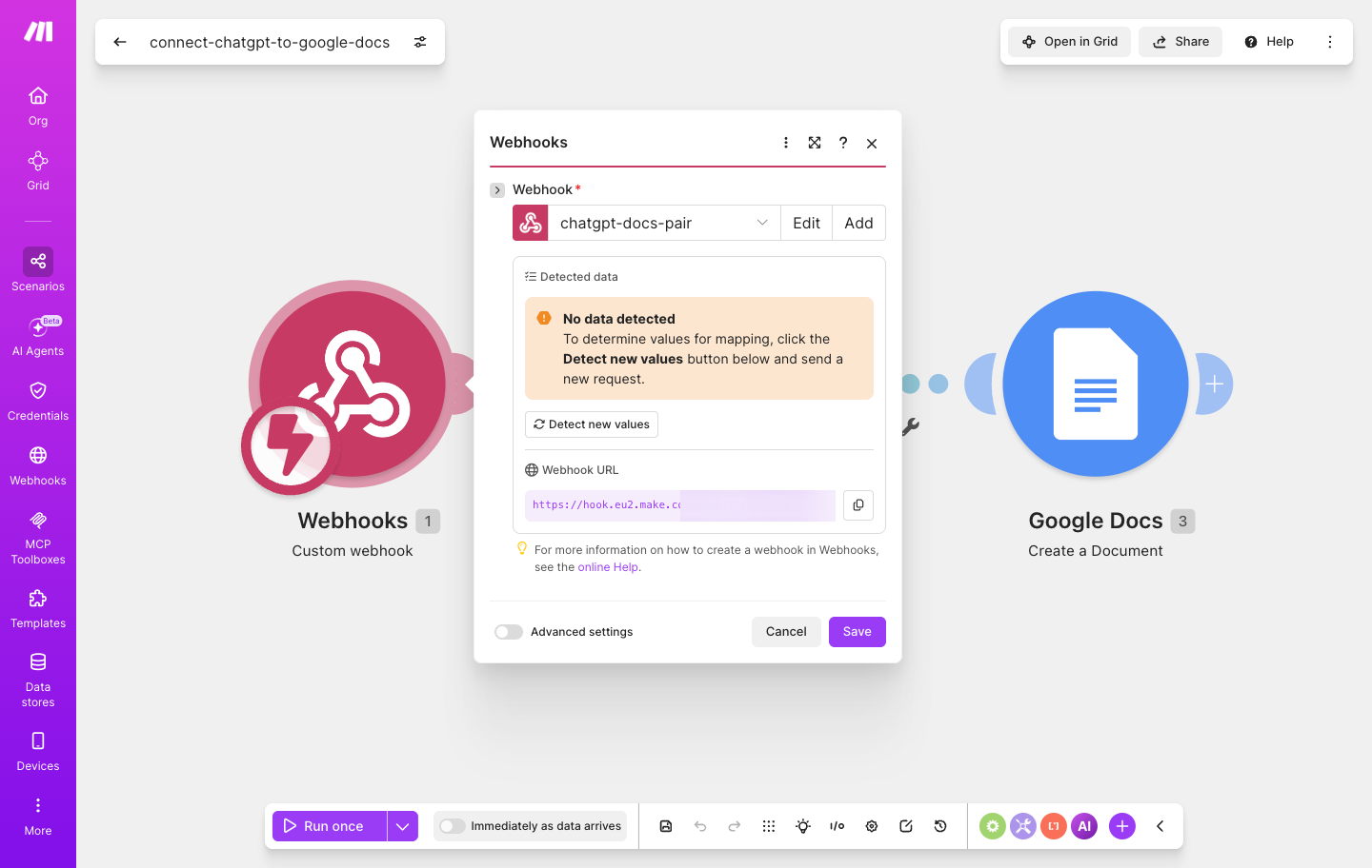 איך מחברים ChatGPT ל-Google Docs — מענה מנוסח שנשמר כמסמך 2 פאנל-ההגדרות של Webhook — כתובת-הקבלה של הפנייה