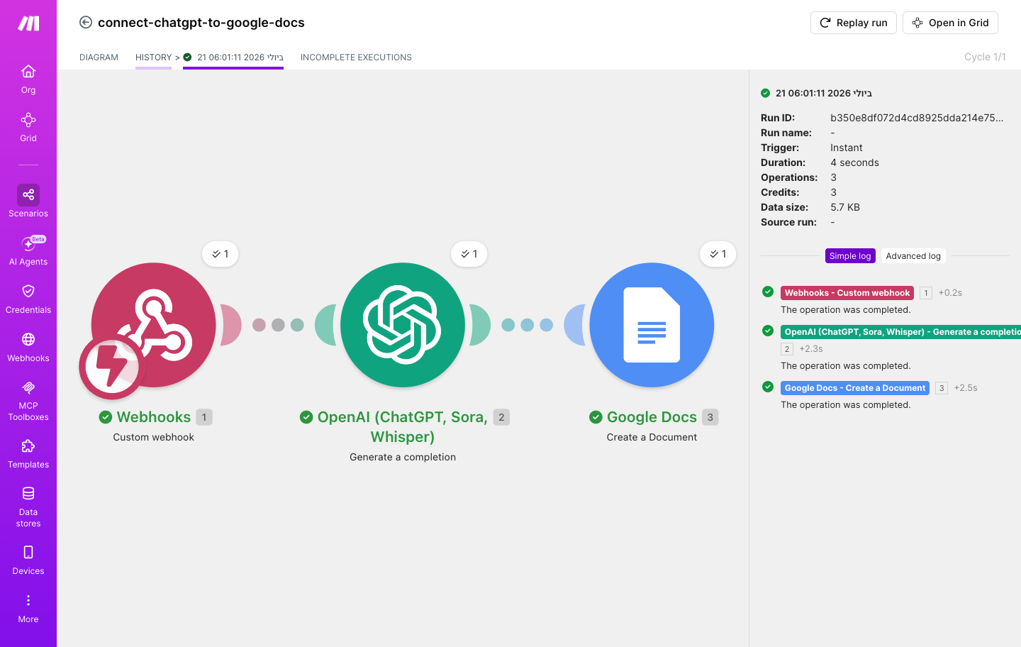 איך מחברים ChatGPT ל-Google Docs — מענה מנוסח שנשמר כמסמך 4 ריצה ירוקה מלאה בשלושת המודולים (0.2s + 2.3s + 2.5s, 3 קרדיטים)