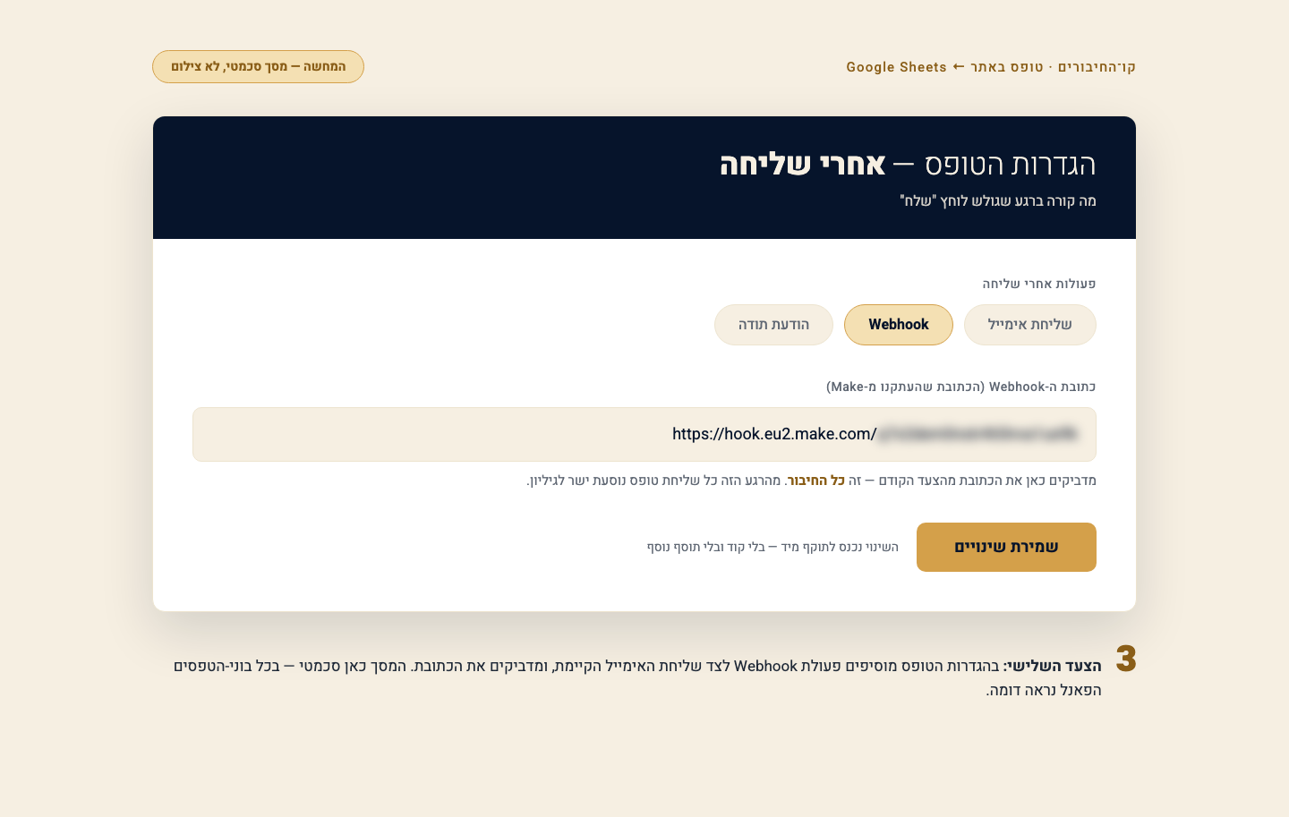 איך מחברים טופס Elementor ל-Google Sheets — לידים מהאתר נוחתים בגיליון 3 פעולת Webhook נוספת לצד שליחת האימייל הקיימת