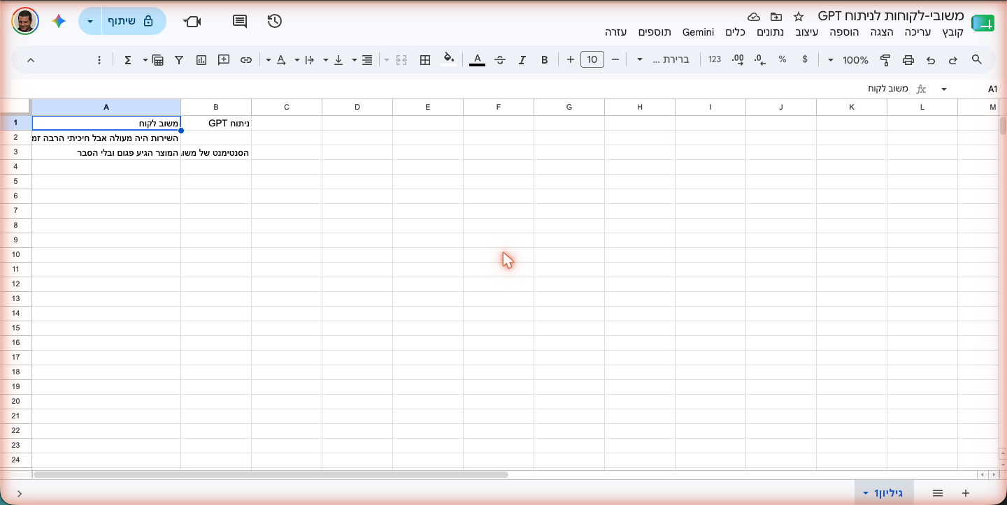 איך מחברים Google Sheets ל-ChatGPT — כל משוב-לקוח מנתח את עצמו 1 הגיליון המוכן — עמודת משוב-לקוח ועמודת ניתוח-GPT ריקה