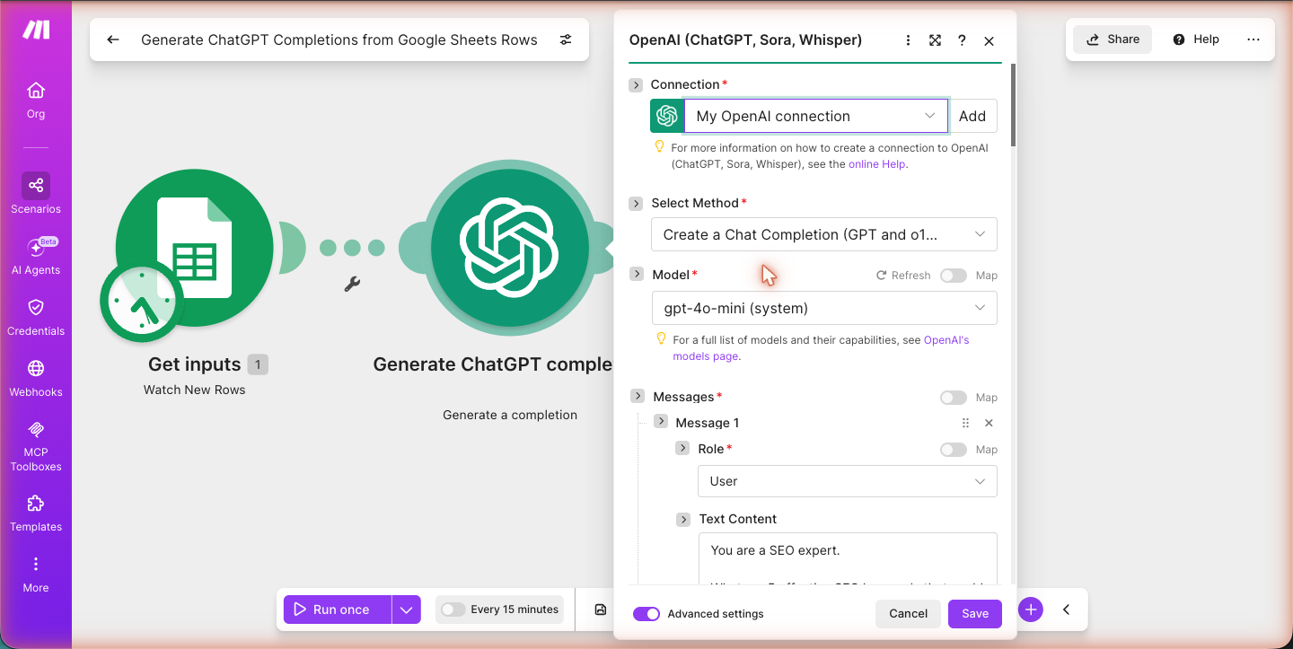 איך מחברים Google Sheets ל-ChatGPT — כל משוב-לקוח מנתח את עצמו 4 חיבור הגיליון האמיתי ומיפוי עמודת המשוב לתוך הפרומפט של GPT