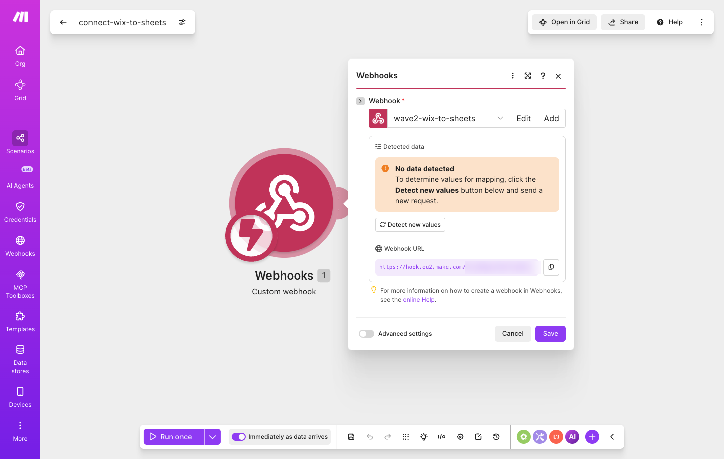 איך מחברים טופס Wix ל-Google Sheets — כל פנייה מהאתר יורדת לגיליון 2 פאנל הטריגר — Custom webhook עם כתובת ה-URL לחיבור טופס ה-Wix