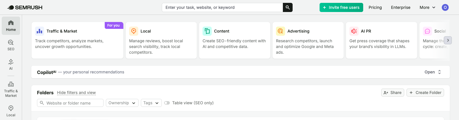 המדריך המלא ל-Semrush למתחילים — בעברית לבעל עסק ישראלי 2 צילום מסך של דף הבית של Semrush לאחר כניסה, עם שורת החיפוש המרכזית ואזור יצירת הפרויקט