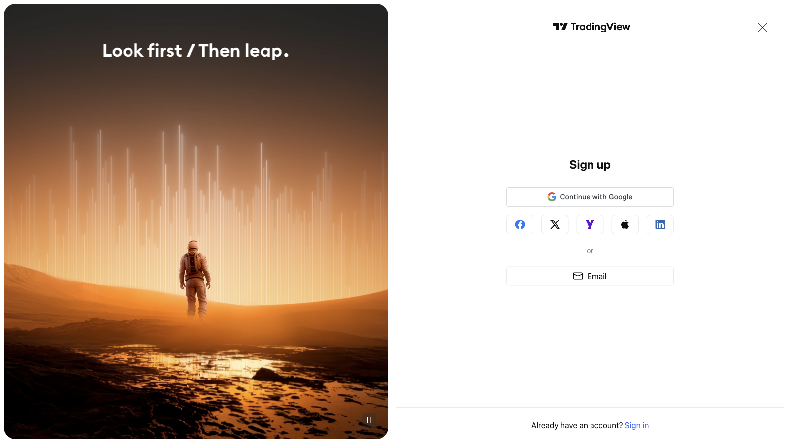 איך נרשמים ל-TradingView — מדריך פתיחת חשבון למתחיל 1 צילום מסך של דף ההרשמה ב-TradingView עם אפשרויות הרישום
