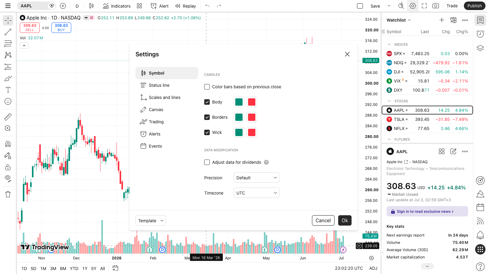 עריכת צבעי גרף ונרות ב-TradingView — התאמה אישית 1 חלון ההגדרות של גרף TradingView פתוח על לשונית Symbol, עם בחירת צבעי גוף הנר, מסגרת ופתיל