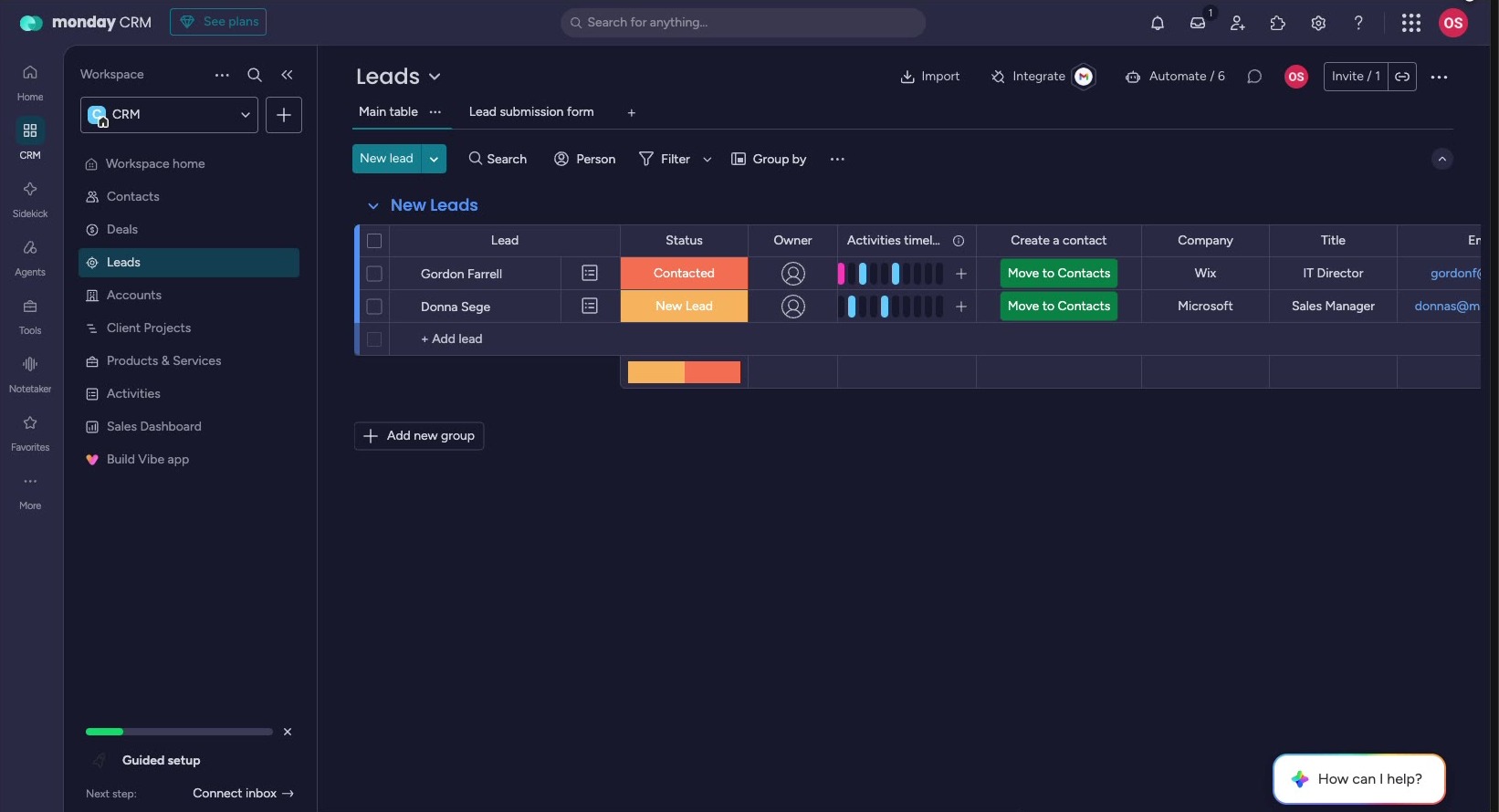 monday CRM: AI Lead Agent — סוכן שמאתר ומעשיר לידים 6 לוח הלידים בתצוגת טבלה — סטטוס, אחראי וציר פעילות לכל ליד