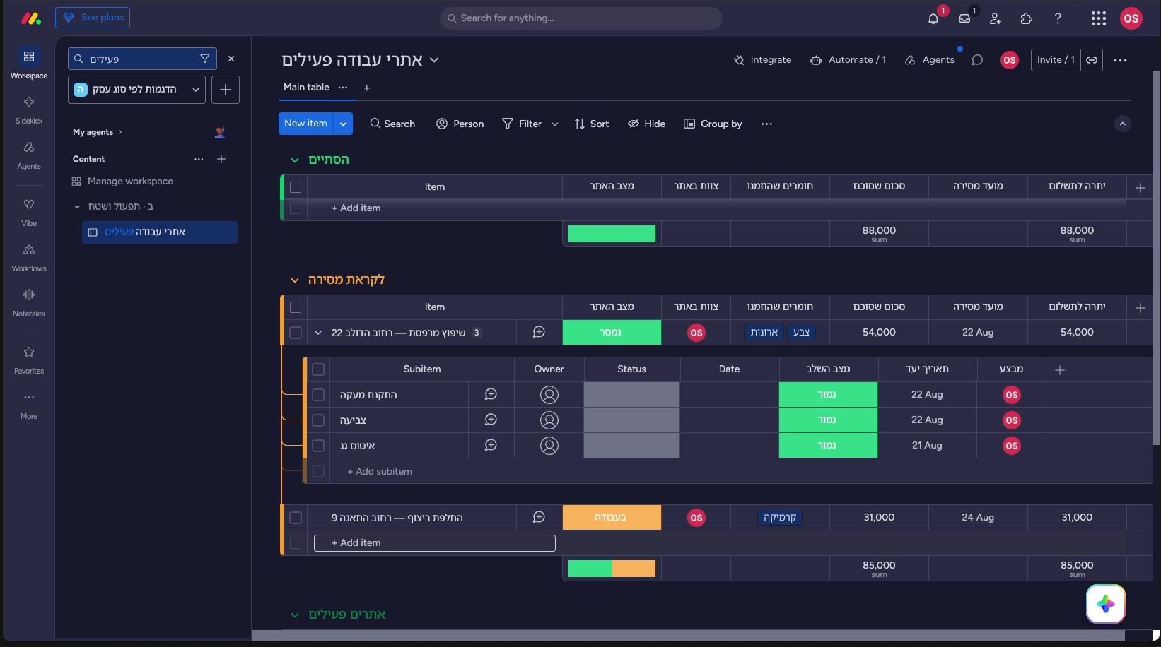 מאנדיי לקבלן שיפוצים — אתר, צוות, חומרים ותשלומים בשורה אחת 3 שורת אתר עבודה פתוחה עם שלבי הביצוע מתחתיה, לכל שלב מצב ותאריך יעד