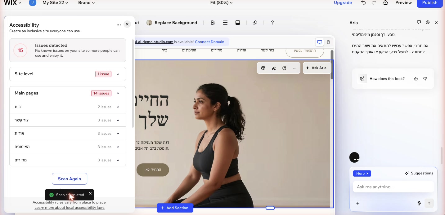 טקסט חלופי לתמונות ב-AI — נגישות בלי להקליד ידנית 2 אשף הנגישות אחרי סריקה: 15 בעיות אותרו, מפולחות לפי עמוד.