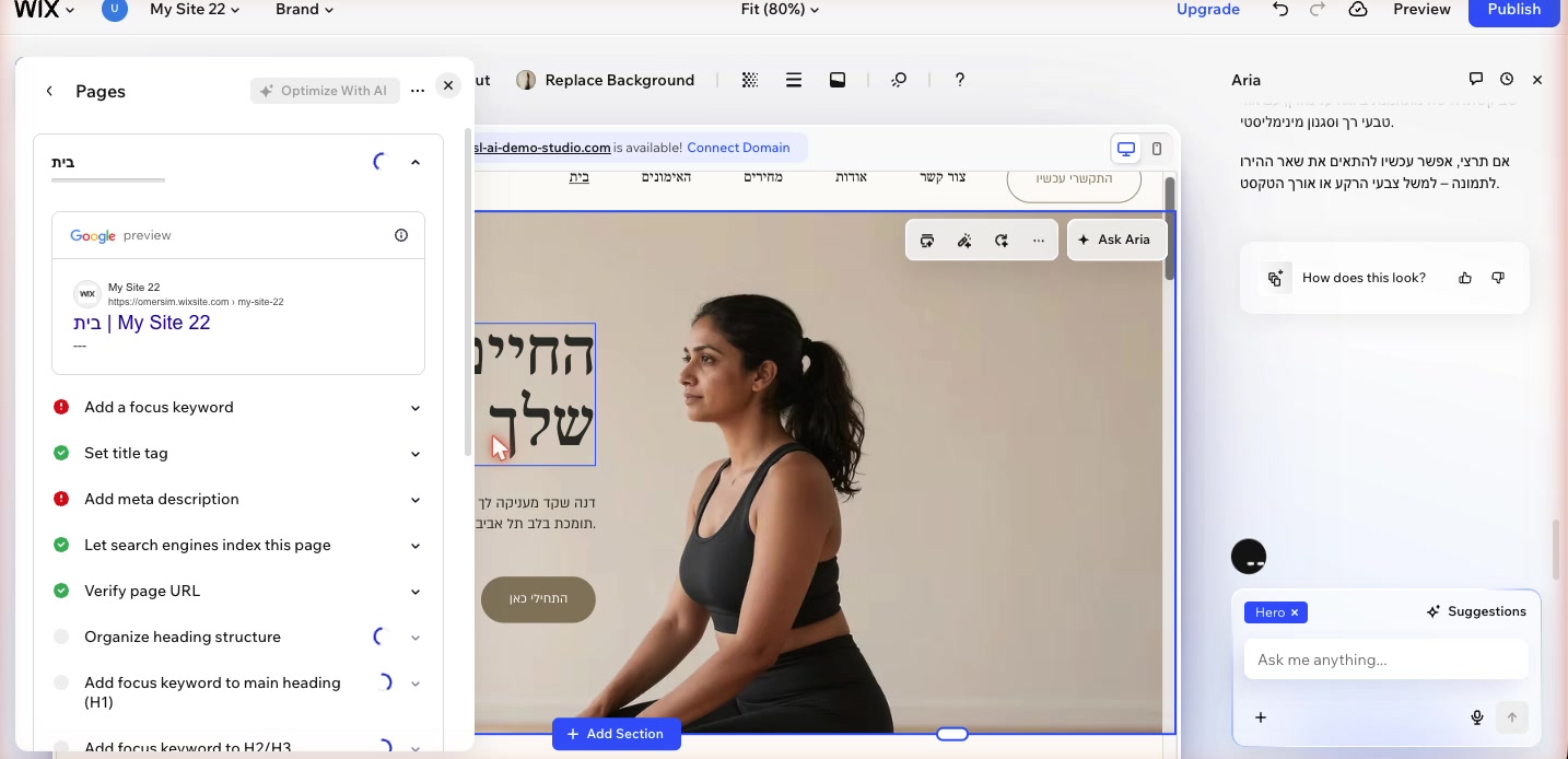 לייצר כותרת ותיאור לגוגל בעזרת AI בוויקס 5 מסך ה-SEO של העמוד עם כפתור Optimize With AI ורשימת המשימות.