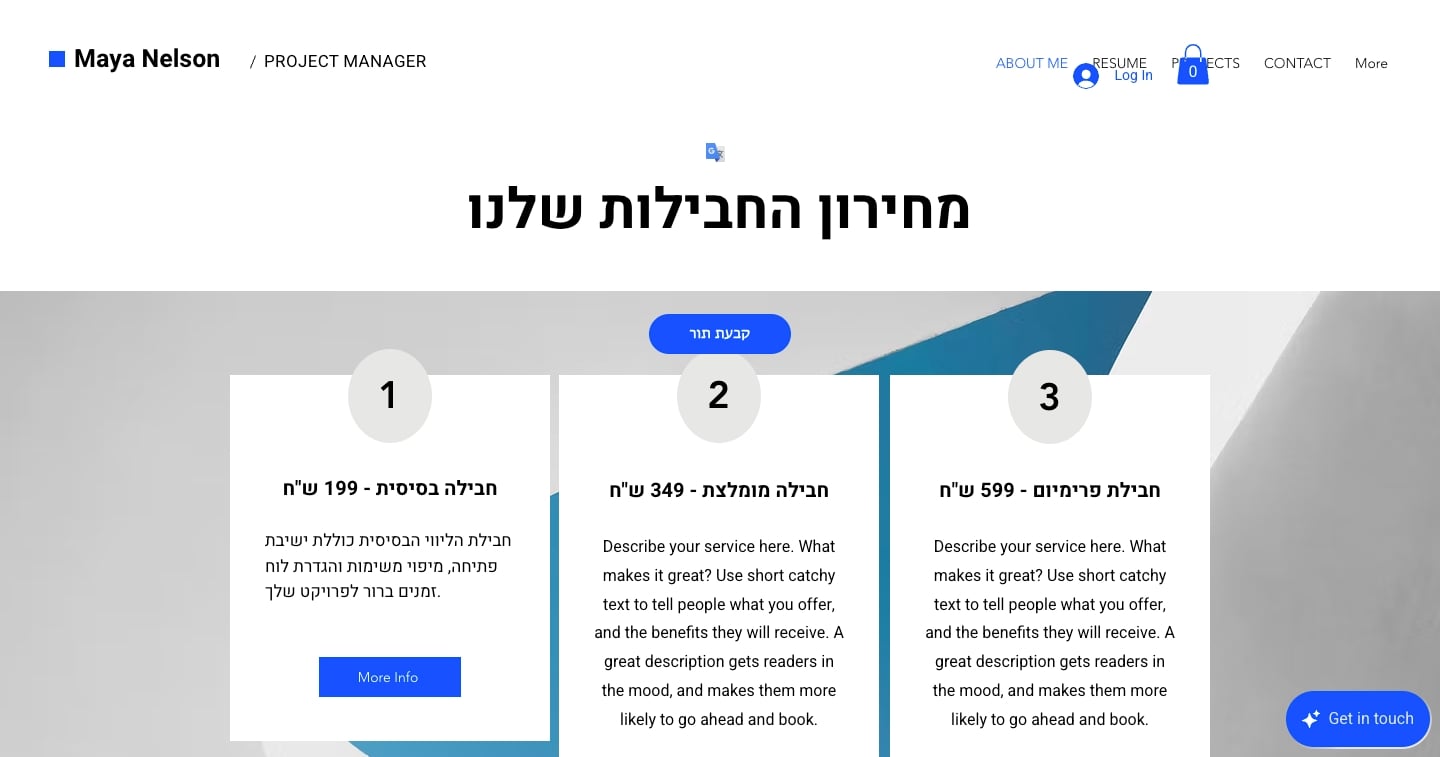 איך מקימים באתר וויקס מערכת קביעת תורים ראשונה 6 עמוד ההזמנות בעברית כפי שהלקוח רואה — חבילות שירות עם מחירים וכפתור קביעת תור