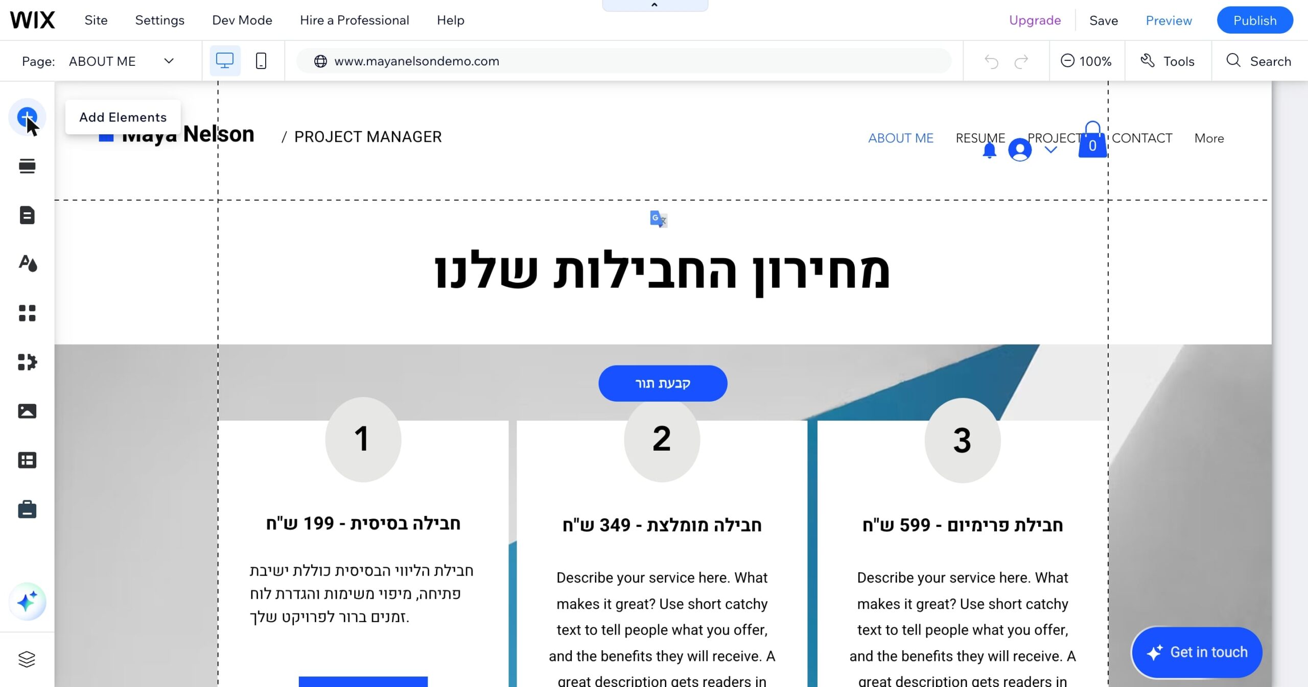 לפני שבונים משהו — סיור מודרך במסך העורך של וויקס 3 סרגל הצד של עורך וויקס עם תווית Add Elements על האייקון העליון