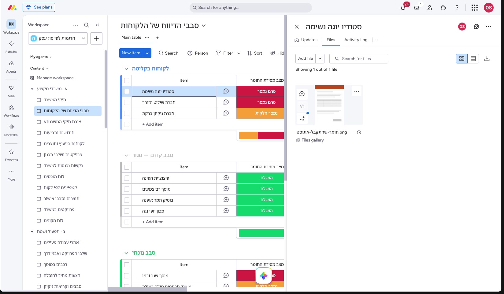 תוכנה לניהול משרד רואי חשבון: לוח הדיווחים התקופתיים של כל הלקוחות 3 שורת לקוח פתוחה עם הקובץ שצורף אליה ותצוגה מקדימה שלו