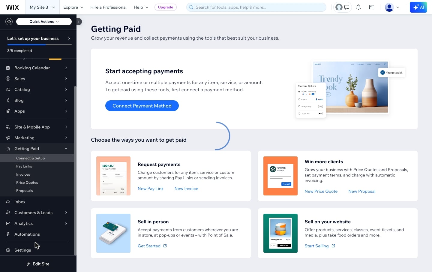 סליקה בישראל — אשראי, ביט ו פייבוקס 2 מסך Getting Paid בלוח הניהול של וויקס, עם כפתור חיבור אמצעי תשלום
