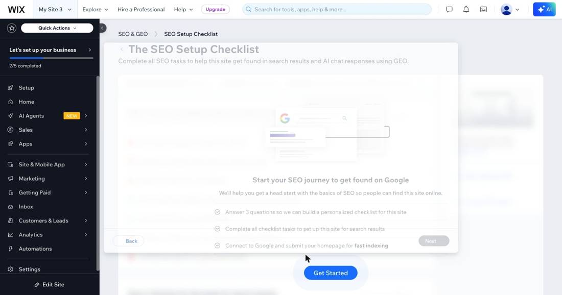 אשף הקידום של וויקס — מה הוא עושה ומה הוא לא (SEO Wiz) 1 רשימת המשימות של אשף הקידום של וויקס