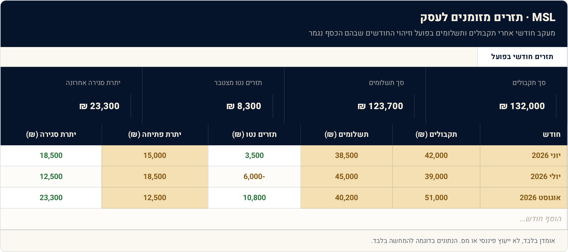 תבנית Excel: תזרים מזומנים לעסק — מתי באמת נגמר הכסף 1 תזרים חודשי בפועל — תצוגה מקדימה של הגיליון הממולא