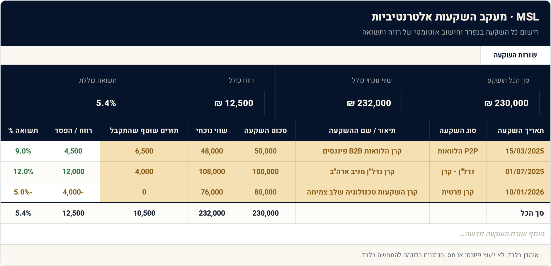 1 שורות השקעה — תצוגה מקדימה של הגיליון הממולא
