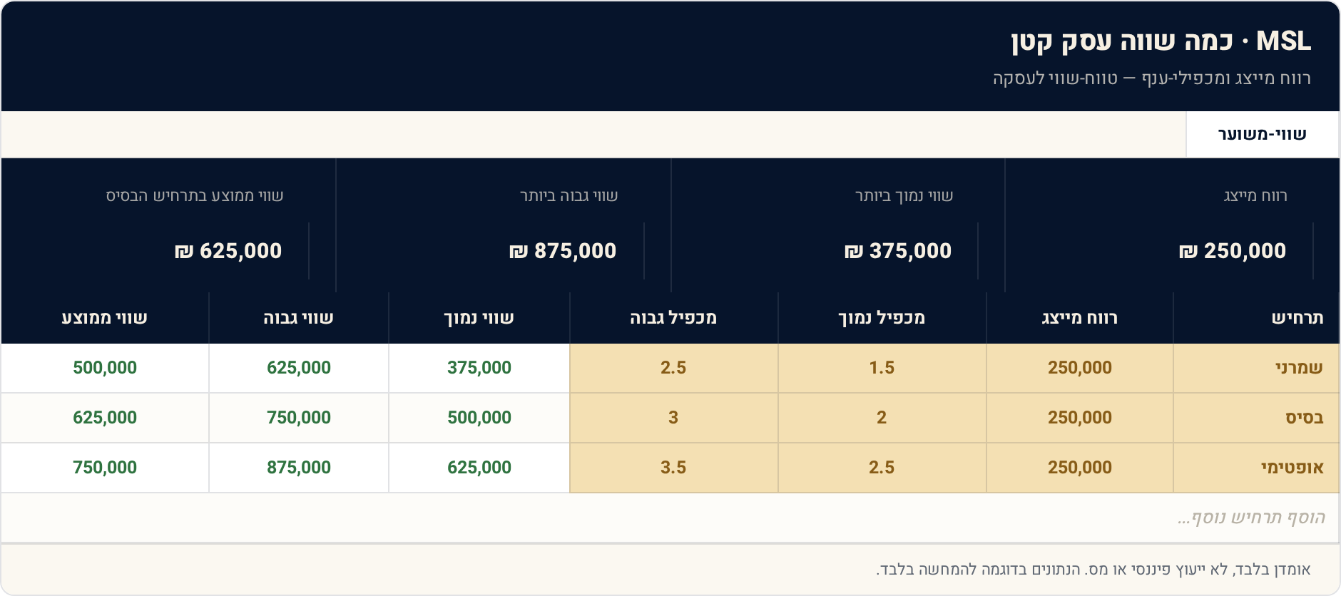 תבנית Excel: כמה שווה עסק קטן — הערכה לפי מכפילים 1 שווי-משוער — תצוגה מקדימה של הגיליון הממולא