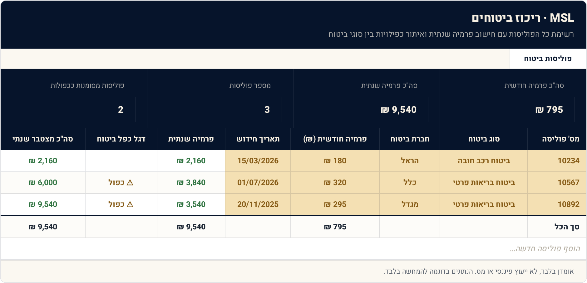 תבנית Excel: ריכוז ביטוחים — לגלות על מה אתה משלם פעמיים 1 פוליסות ביטוח — תצוגה מקדימה של הגיליון הממולא
