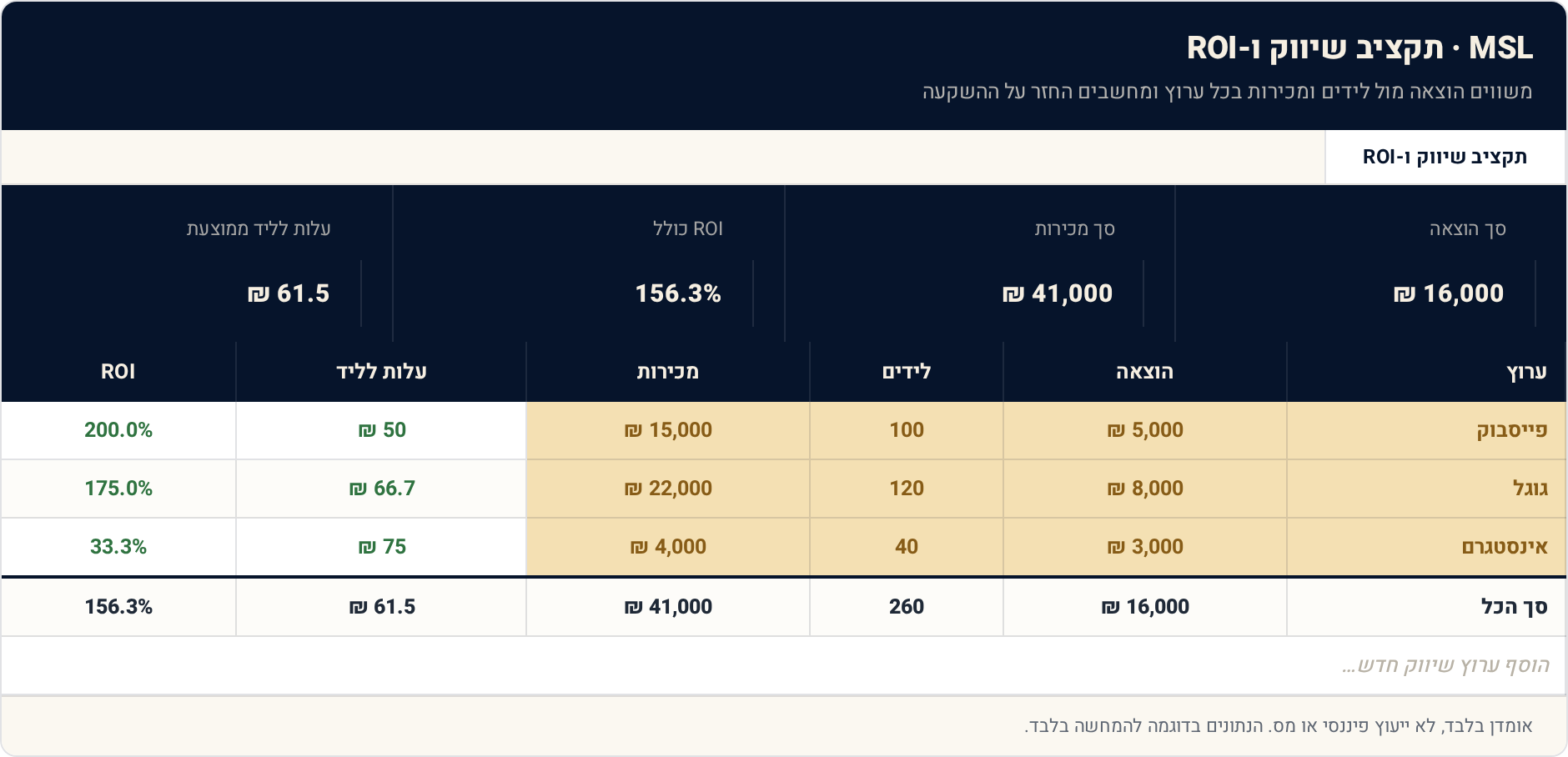 1 תקציב שיווק ו-ROI — תצוגה מקדימה של הגיליון הממולא