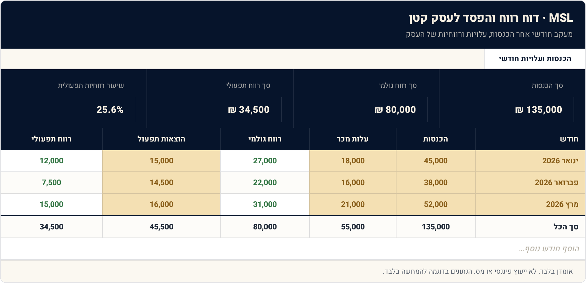 תבנית Excel: דוח רווח והפסד לעסק קטן — בלי רואה-חשבון באמצע השנה 1 הכנסות ועלויות חודשי — תצוגה מקדימה של הגיליון הממולא
