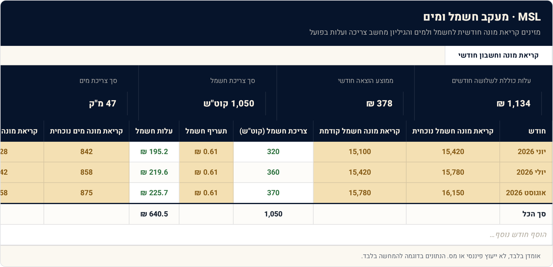1 קריאת מונה וחשבון חודשי — תצוגה מקדימה של הגיליון הממולא