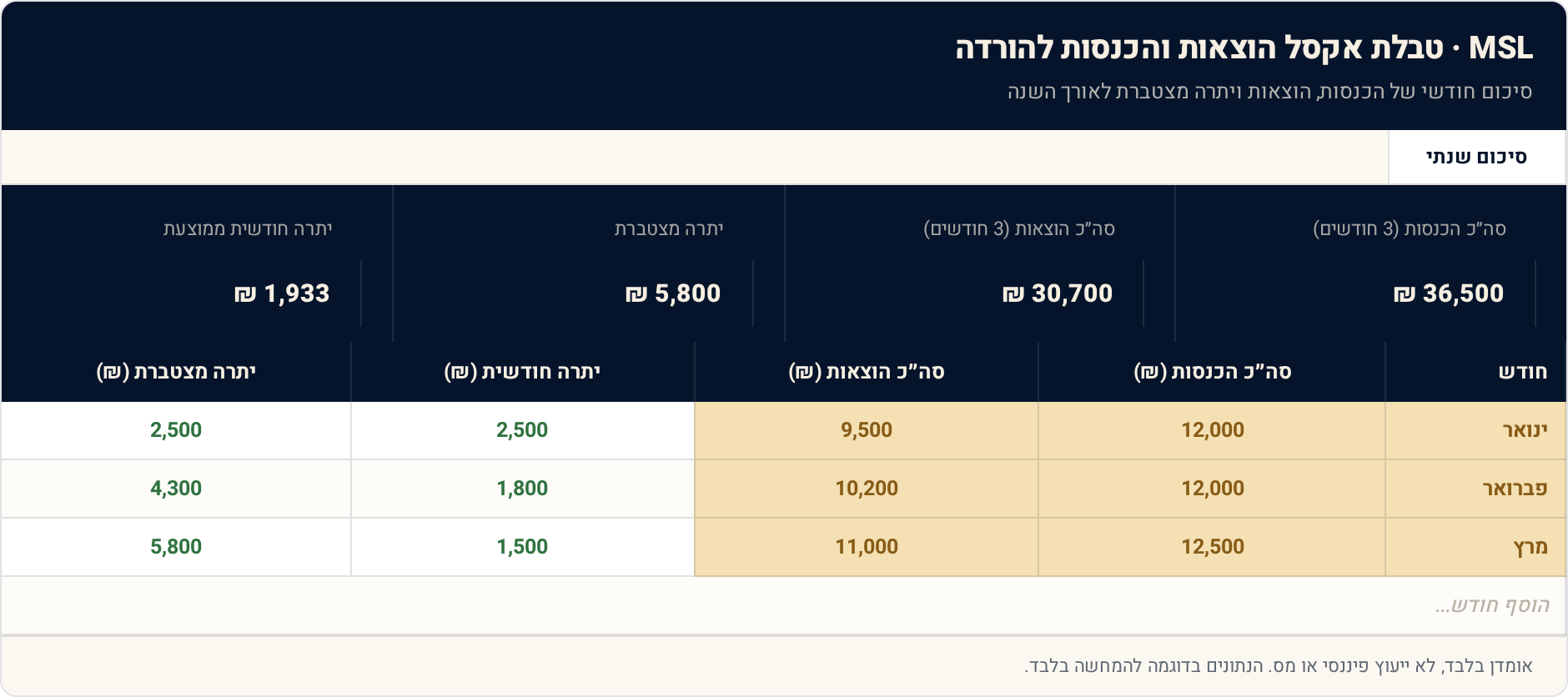 טבלת אקסל הוצאות והכנסות להורדה — חינם ובעברית 1 סיכום שנתי — תצוגה מקדימה של הגיליון הממולא