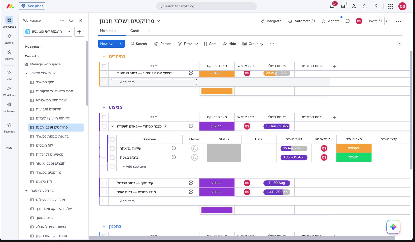 פרויקטים לפי שלבי תכנון והיתרים — תוכנה לניהול משרד אדריכלים 2 שורת פרויקט פתוחה עם שלבי המשנה — לכל שלב טווח תאריכים, אחראי ומצב