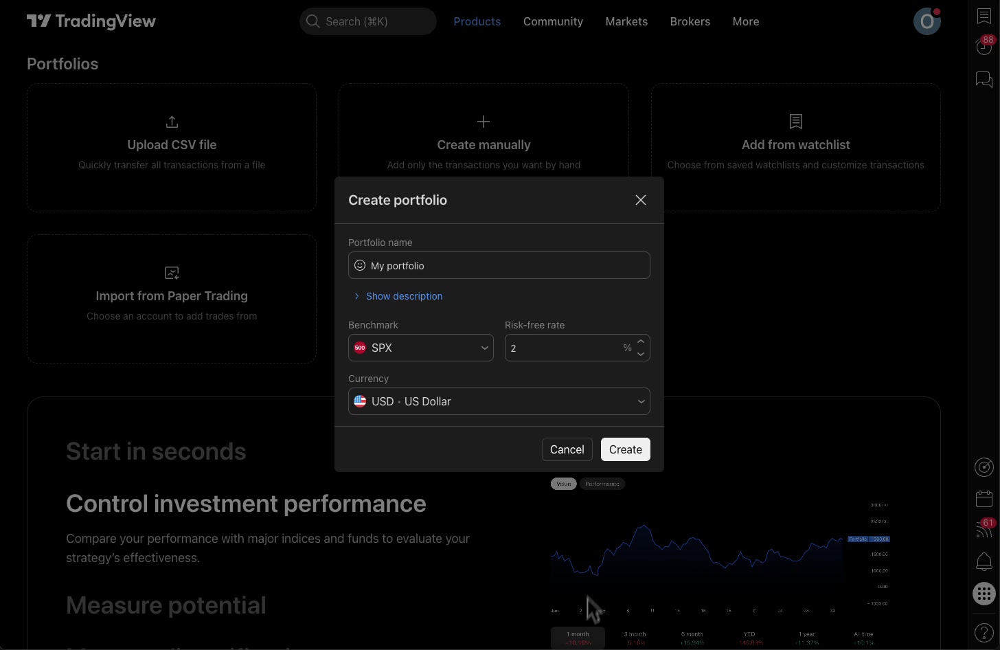 תיק מעקב ב-TradingView — לבנות אותו ידנית או מרשימת מעקב 8 חלון יצירת התיק: שם, מדד ייחוס, ריבית חסרת סיכון ומטבע