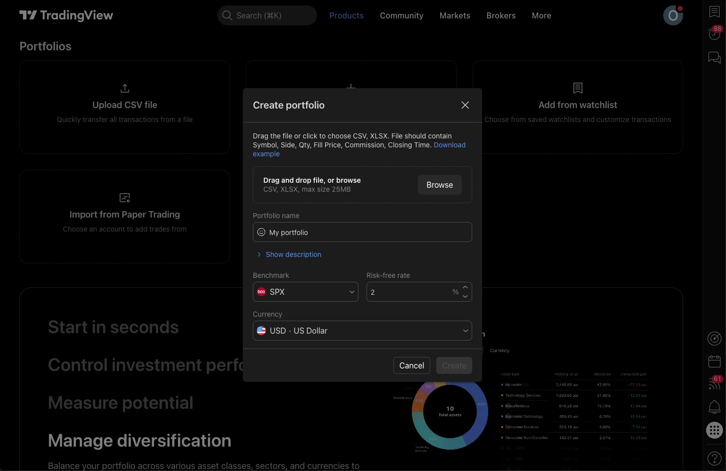 עסקאות בתיק ב-TradingView — להוסיף, לייבא מקובץ ולתקן 7 חלון ייבוא התיק מקובץ, עם רשימת העמודות הנדרשות