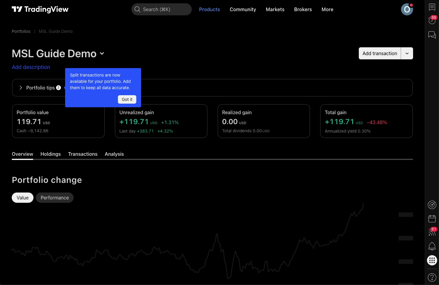 מה מסך התיק ב-TradingView מראה לך — שווי, מזומן ורווח ממומש 6 שורת הסיכום של התיק: שווי, רווח על הנייר, רווח ממומש ורווח כולל