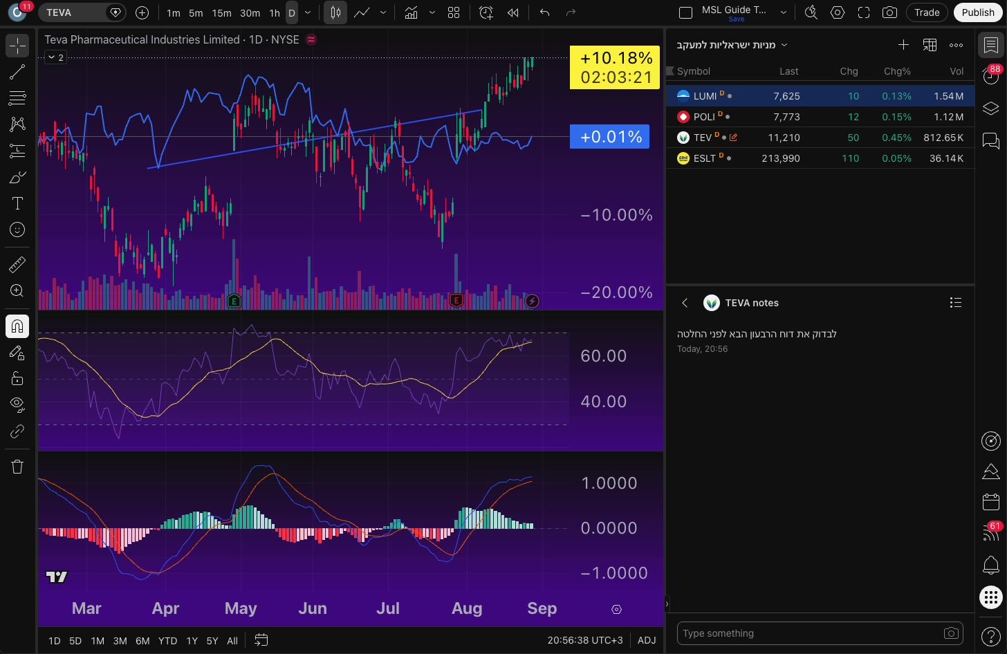 הערות על סימול ב-TradingView — לרשום לעצמך למה שמת עליו עין 10 ההערה מופיעה לצד הסימול ברשימת המעקב