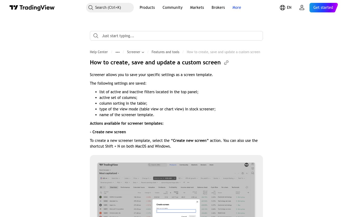 לשמור, לשתף ולייצא סינון בסקריינר של TradingView 7 ההסבר הרשמי איך יוצרים ושומרים מסך סינון מותאם