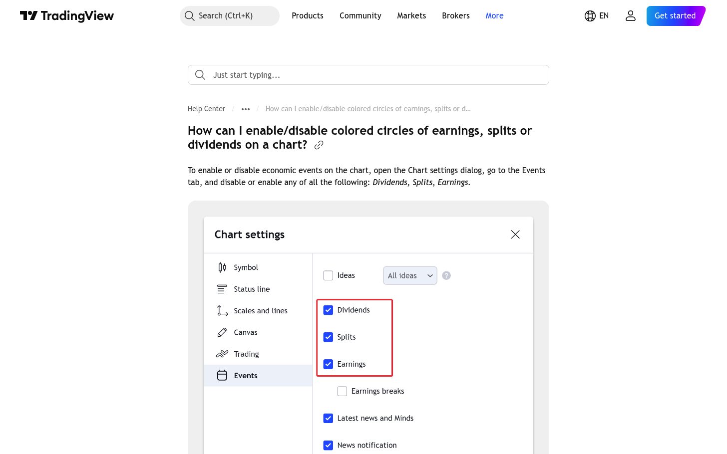 הסימונים על הגרף ב-TradingView — דוח, דיבידנד ופיצול, ומה הם לא אומרים 10 ההסבר הרשמי איך מדליקים סימוני דוחות, דיבידנדים ופיצולים על הגרף