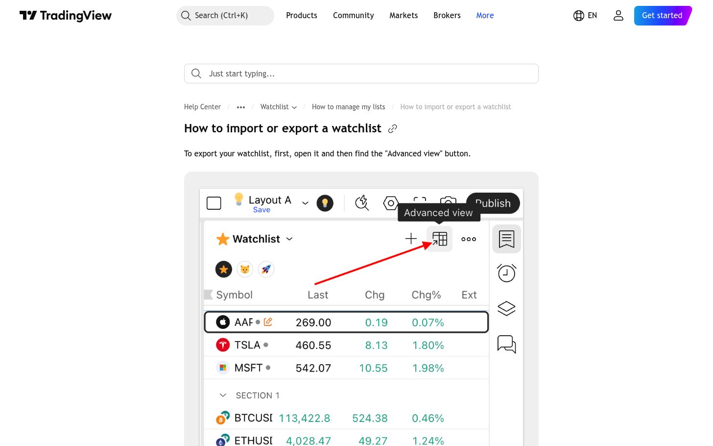 העמודות ברשימת המעקב ב-TradingView — לבחור מה רואים, ולייצא את הרשימה 7 ההסבר הרשמי על ייצוא נתוני הגרף לקובץ