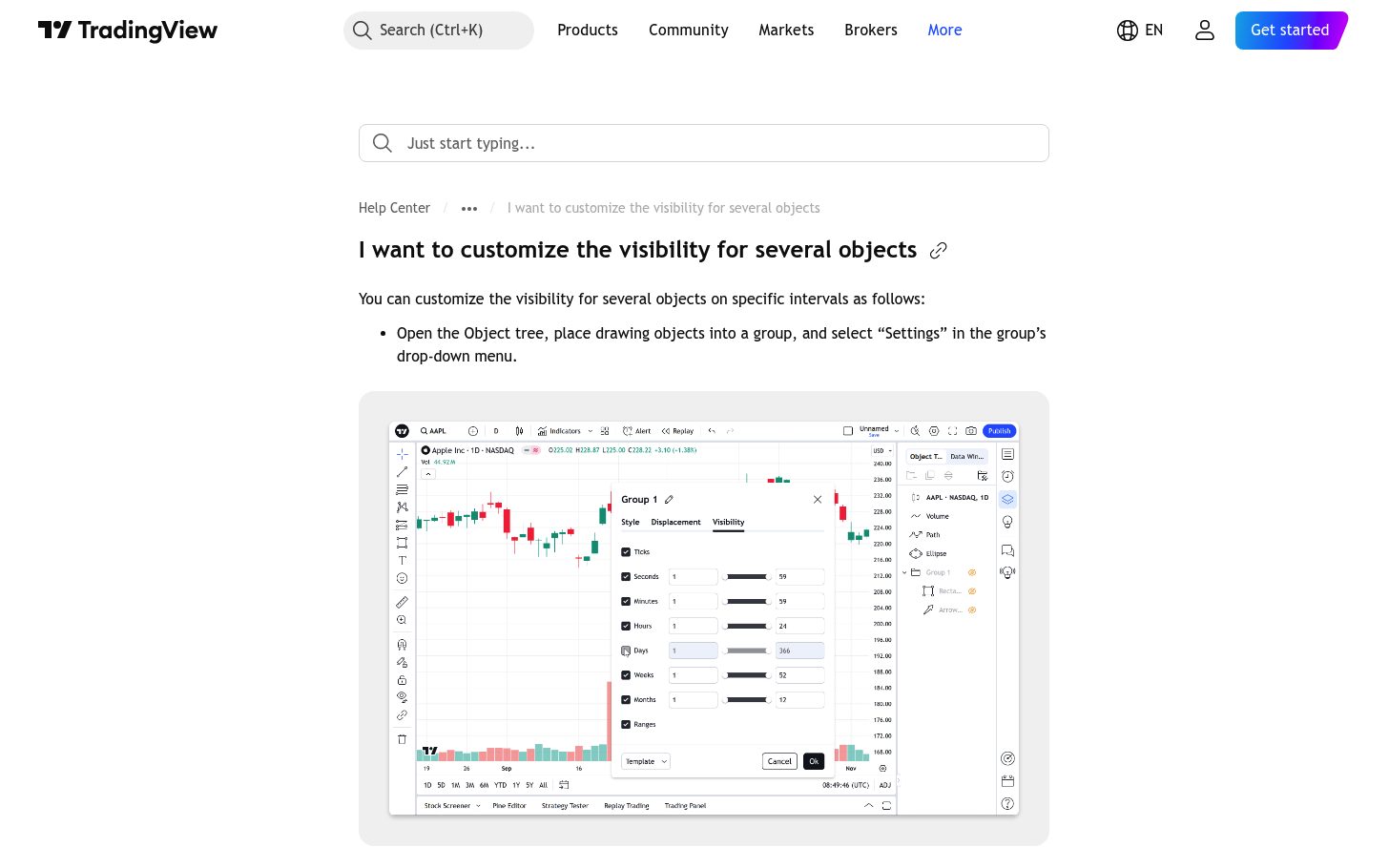 לנהל ציורים על גרף עמוס ב-TradingView — עץ האובייקטים והסתרה לפי טווח 5 ההסבר הרשמי איך קובעים באילו טווחי זמן ציור יופיע