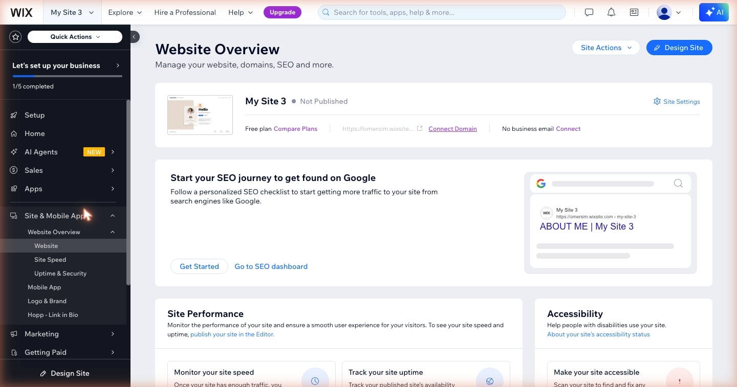 מהירות האתר בוויקס — מה משפיע ומה לא 4 מסך Website Overview בוויקס: מקטע Site Performance וקישור Site Speed בתפריט הצד