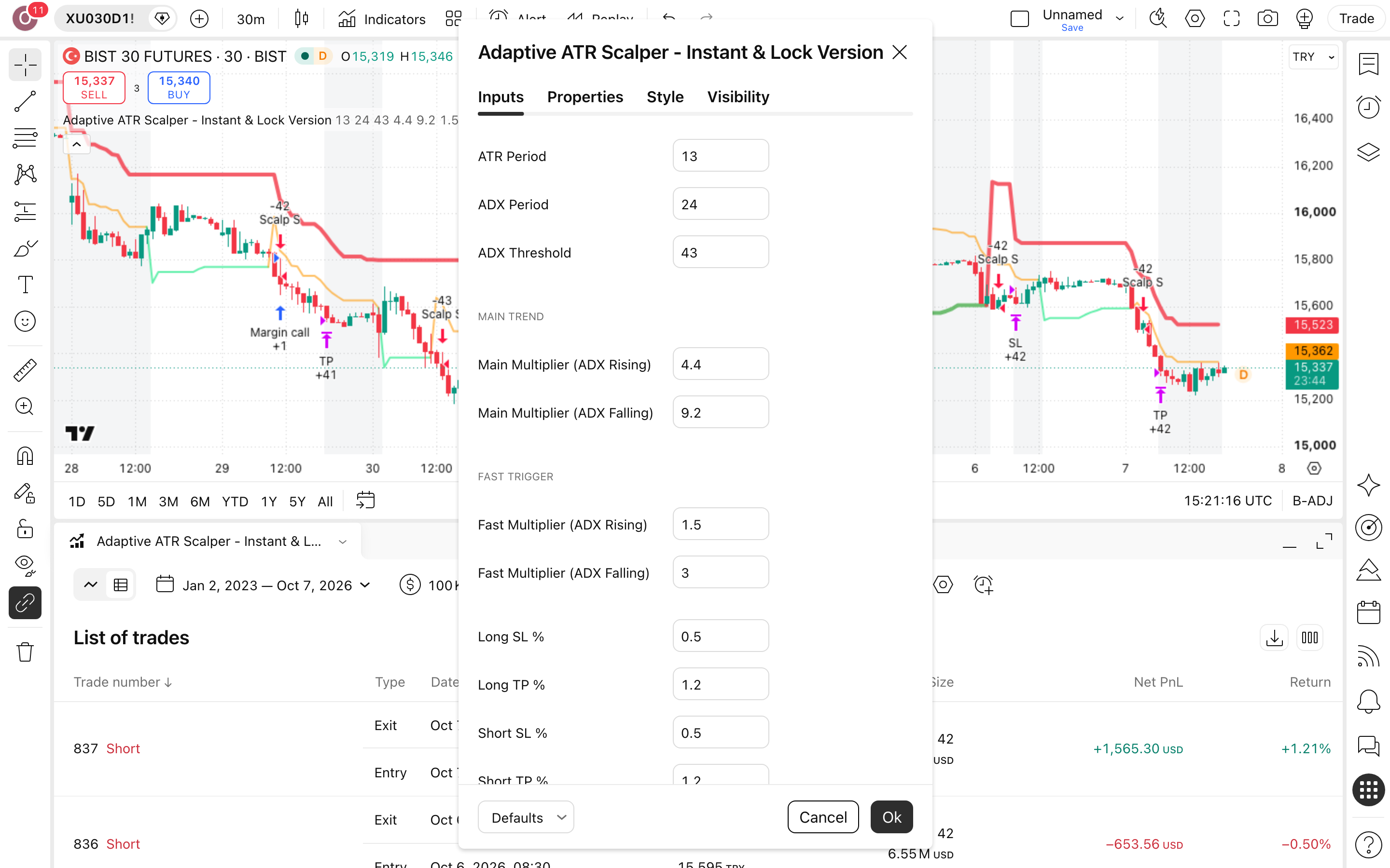 Adaptive ATR Scalper - Instant & Lock Version: סקאלפינג מגמה עם סינון דשדוש 2 חלון ההגדרות של Adaptive ATR Scalper - Instant & Lock Version: לשונית Inputs כפי שהורצה