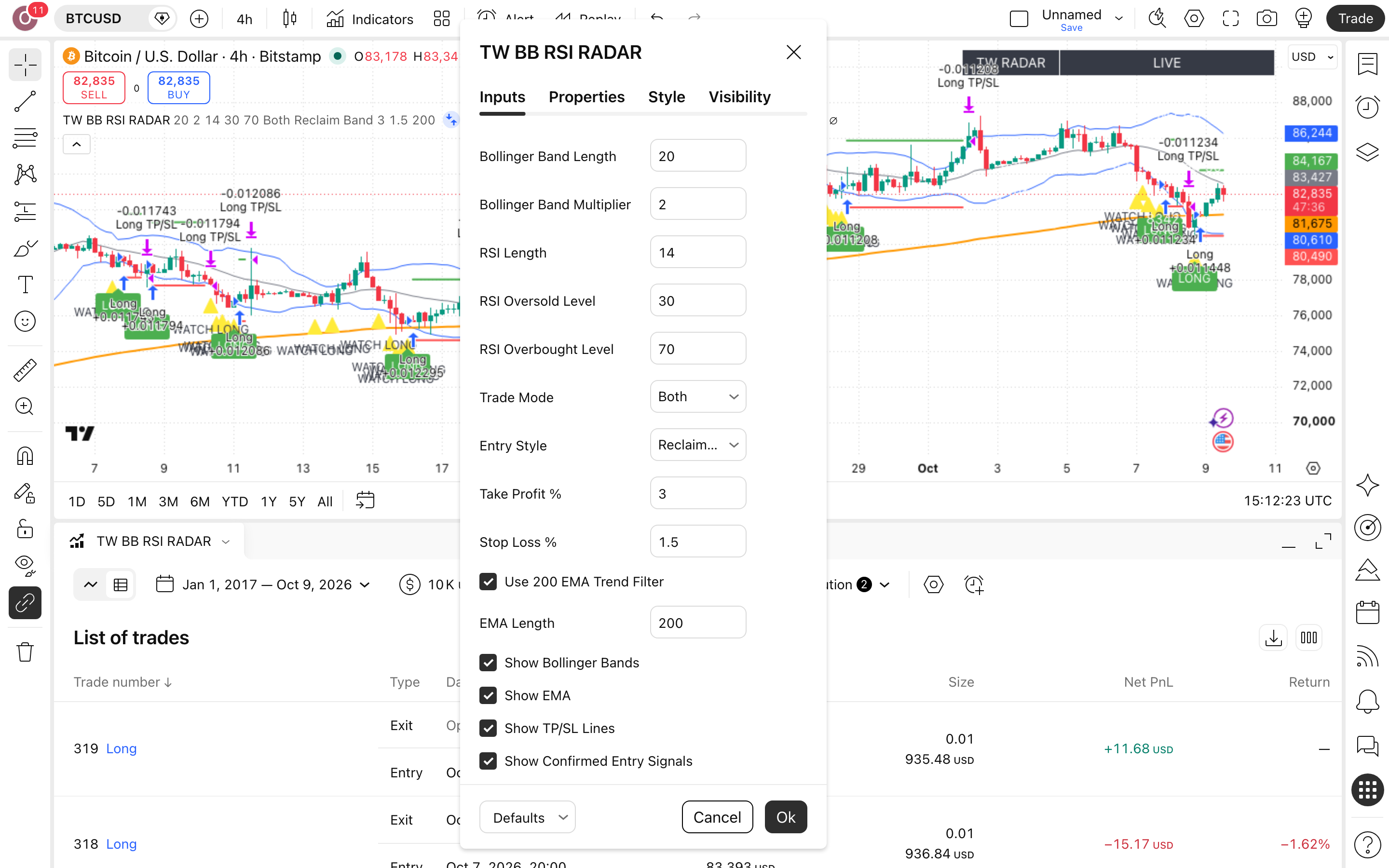 Bollinger Bands: רדאר בולינגר ו-RSI עם מסנן-מגמה 2 חלון ההגדרות של Bollinger Bands + RSI Live Radar Strategy: לשונית Inputs כפי שהורצה