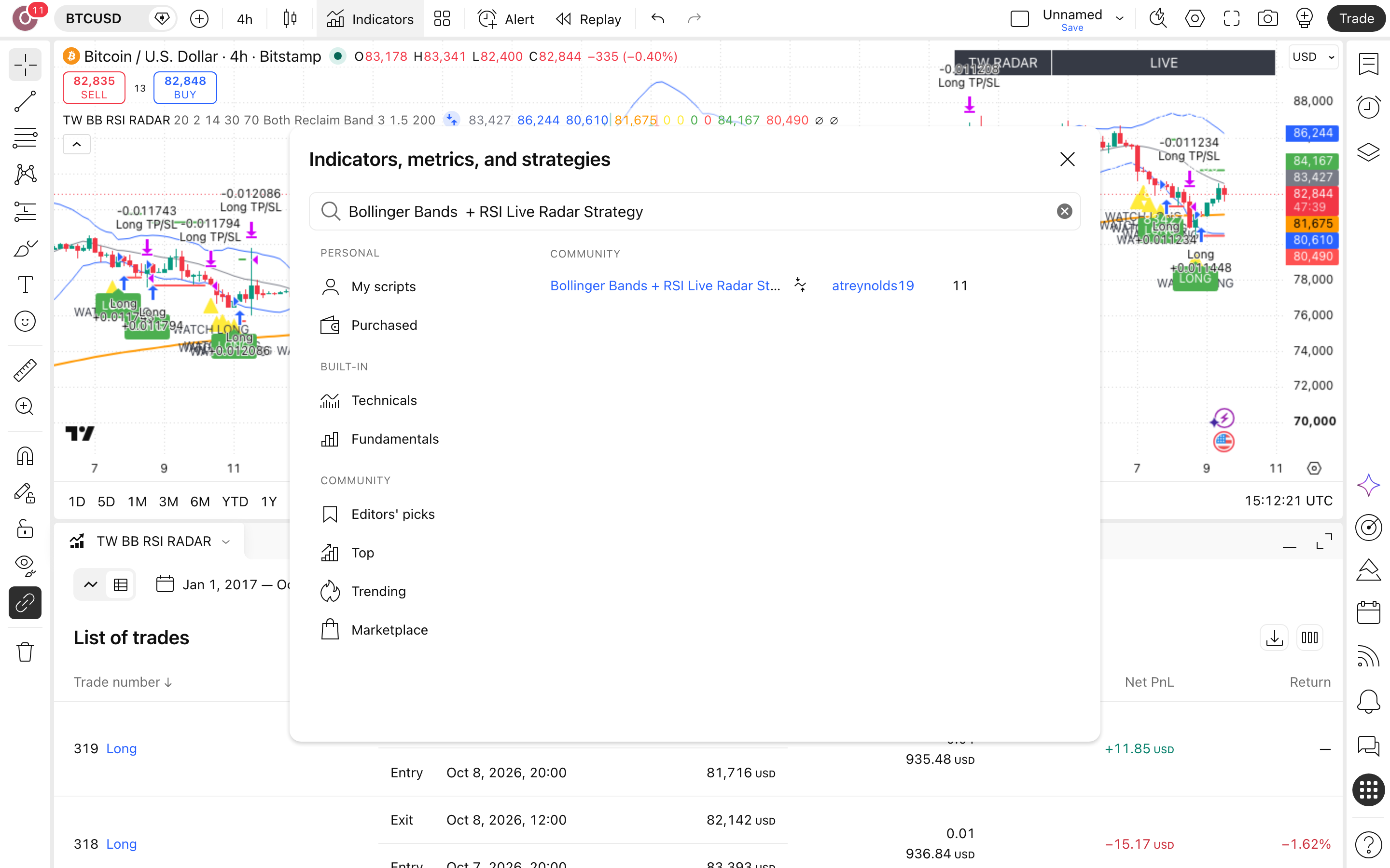 Bollinger Bands: רדאר בולינגר ו-RSI עם מסנן-מגמה 5 חלון האינדיקטורים — חיפוש Bollinger Bands + RSI Live Radar Strategy של המחבר atreynolds19