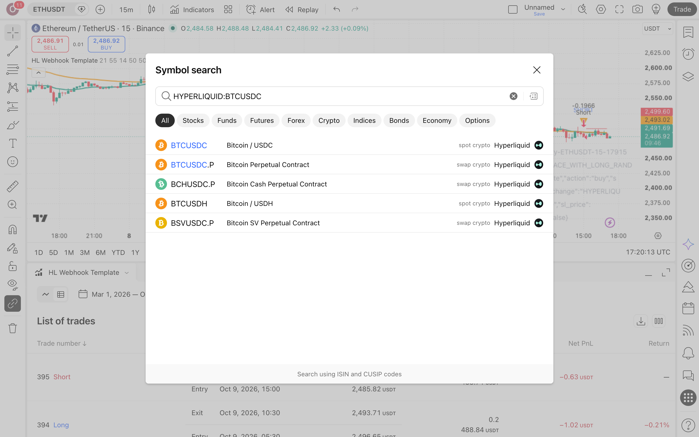 Hyperliquid-Ready Webhook Strategy Template: שלד וובהוק נגד מילוי כפול בביטקוין 4 חיפוש הסימבול BTCUSDC ובחירת נר 4 שעות בגרף