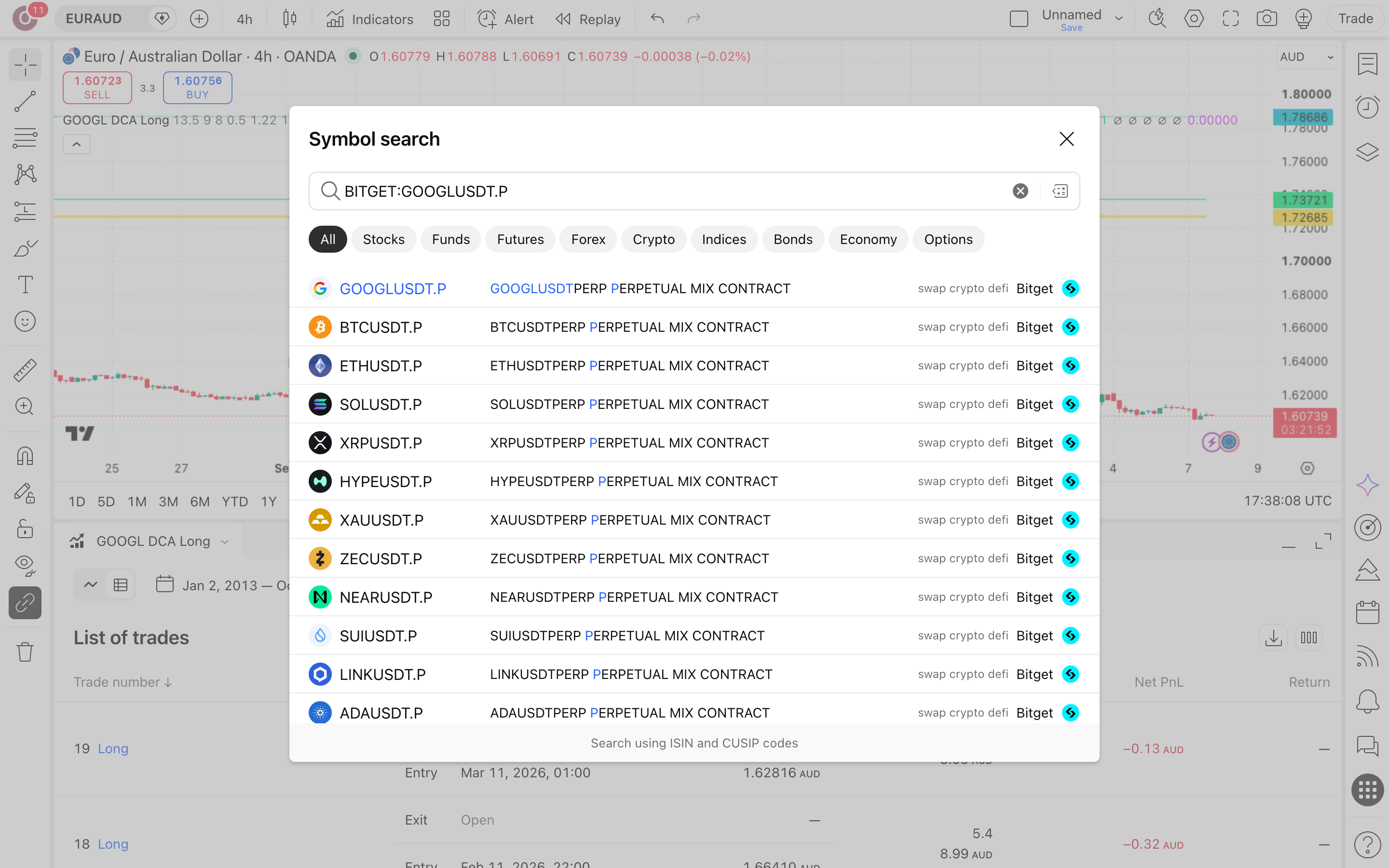 Equity Pulse Long - DCA on Tokenized Stocks: מיצוע במדרגות על מניית גוגל מטוקנת 4 חיפוש הסימבול GOOGLUSDT.P ובחירת נר 15 דקות בגרף