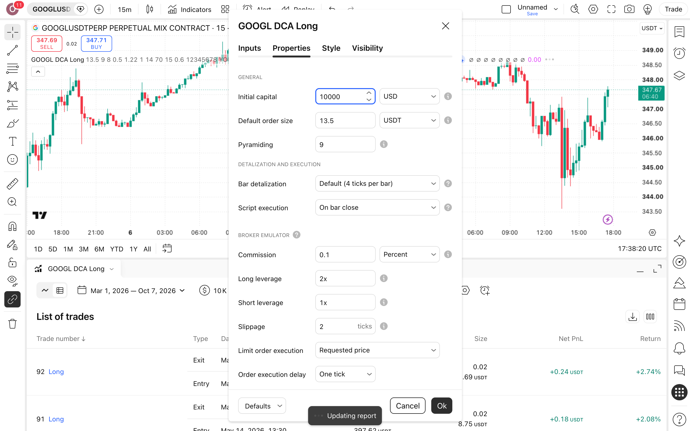 Equity Pulse Long - DCA on Tokenized Stocks: מיצוע במדרגות על מניית גוגל מטוקנת 6 לשונית Properties: Initial capital = 10,000 ו-Commission = 0.1%