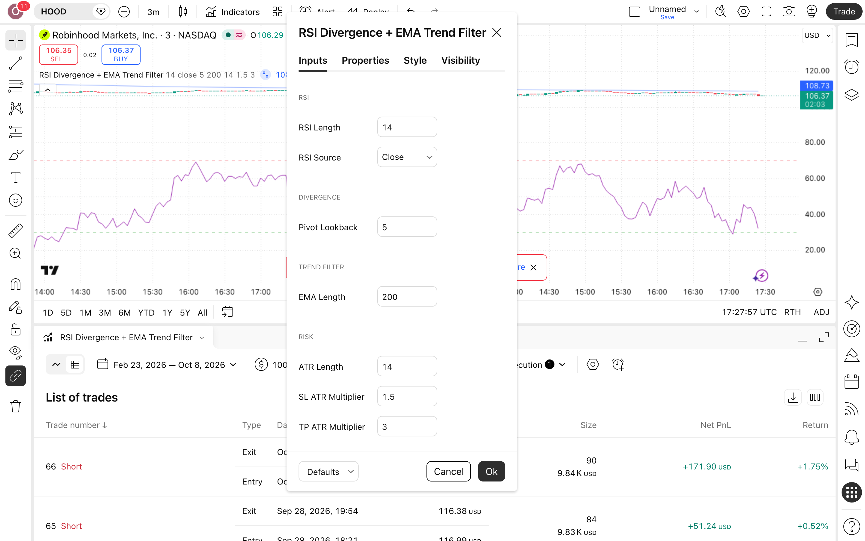 RSI Divergence: התבדרות דובית שמסמנת מגמה מתעייפת 2 חלון ההגדרות של RSI Divergence + EMA Trend Filter: לשונית Inputs כפי שהורצה
