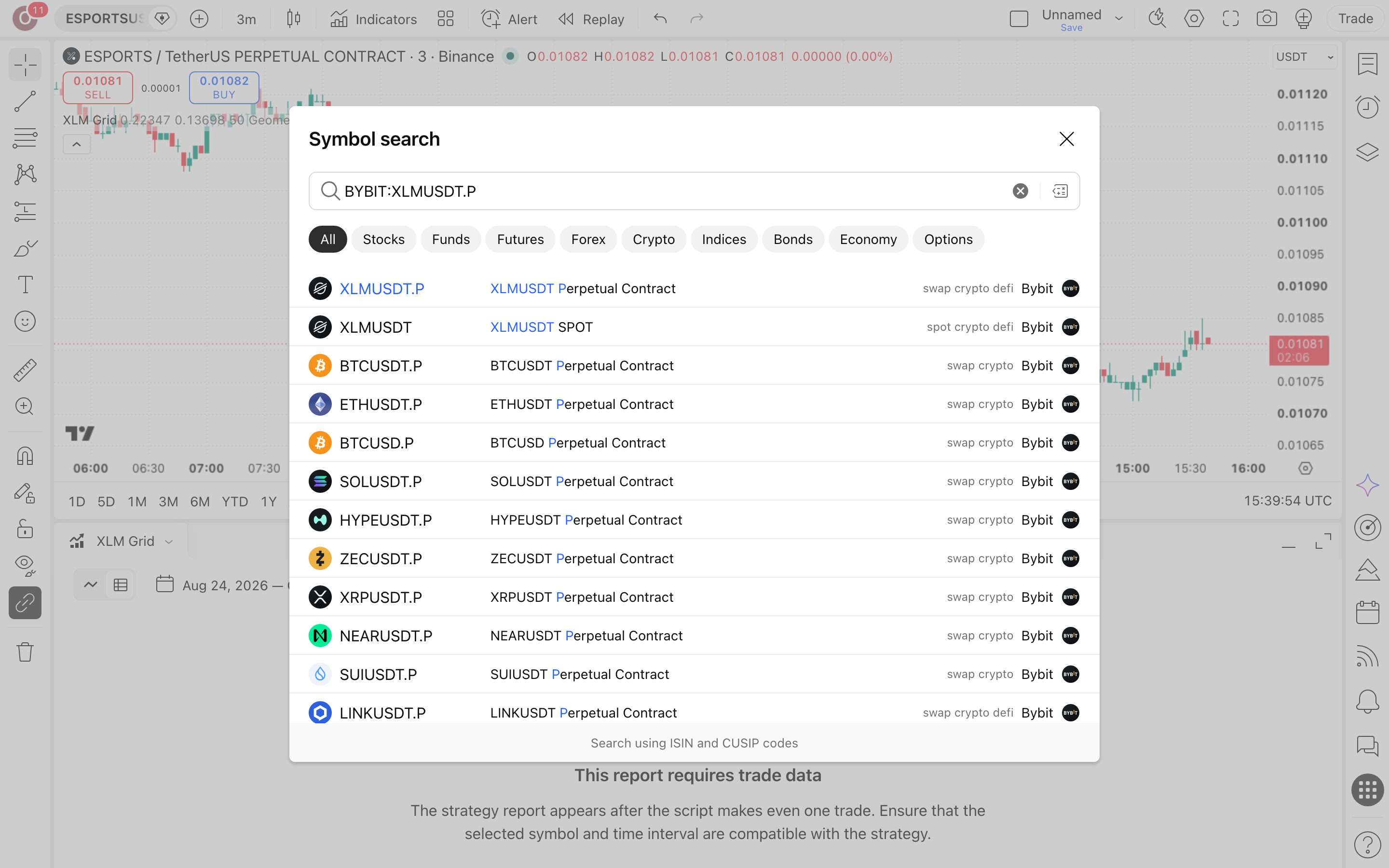 XLM Grid Bot - Long Strategy: רשת לונג בין שני גבולות קבועים בסטלר 4 חיפוש הסימבול XLMUSDT.P ובחירת נר 15 דקות בגרף