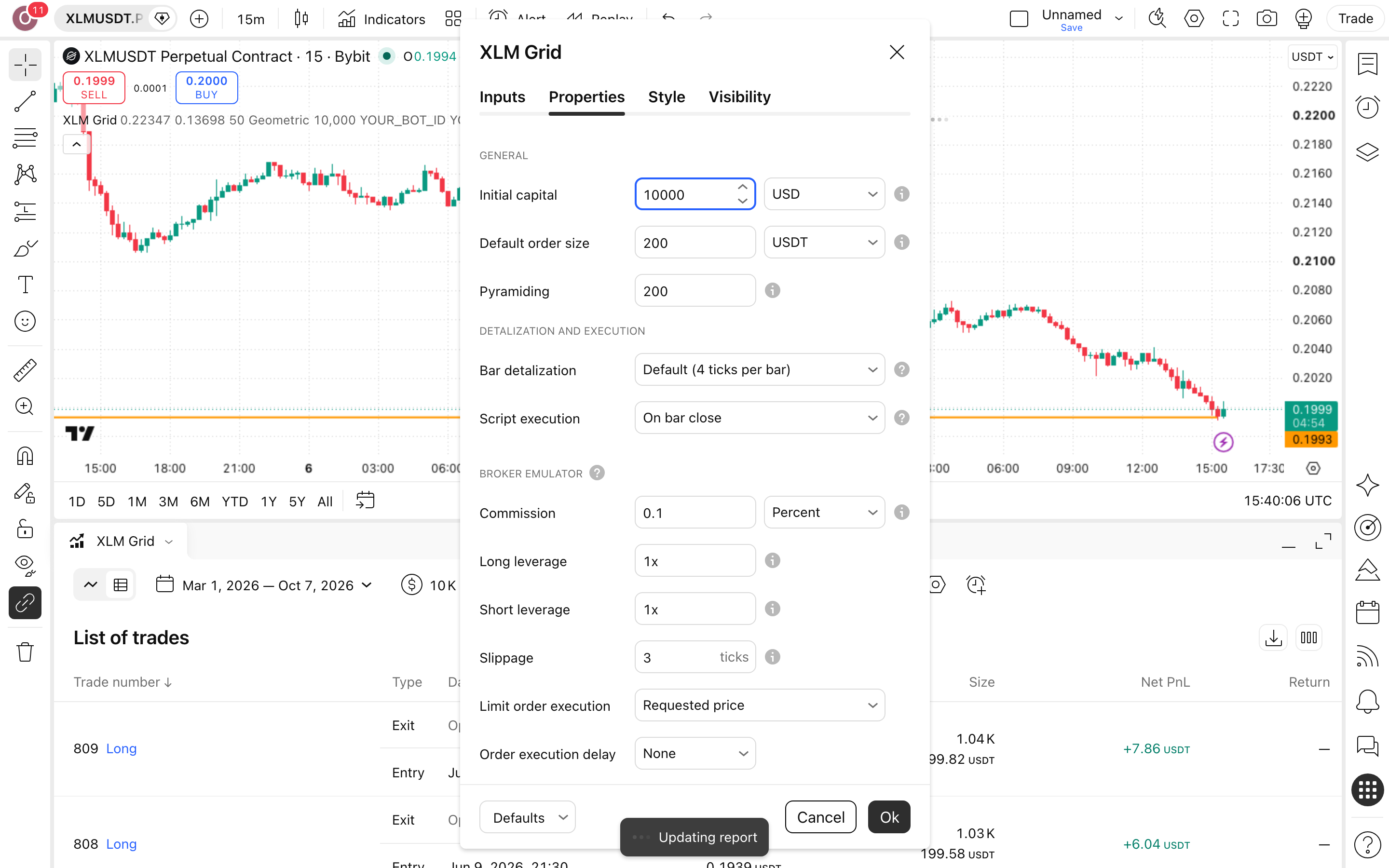 XLM Grid Bot - Long Strategy: רשת לונג בין שני גבולות קבועים בסטלר 6 לשונית Properties: Initial capital = 10,000 ו-Commission = 0.1%